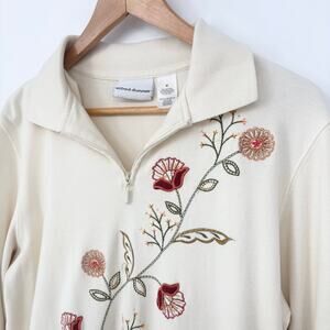 Alfred Dunner Cream Floral Embroidered Quarter Zip Pullover Sweater Size M